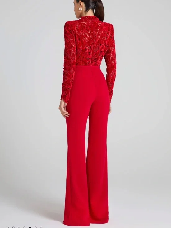 Nadine Merabi Eleanor Red Jumpsuit Long Sleeve Velvet  2 and 14 available - Picture 3 of 6